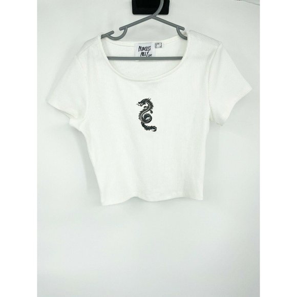 Princess Polly Tops - princess polly cropped White ribbed dragon Graphic